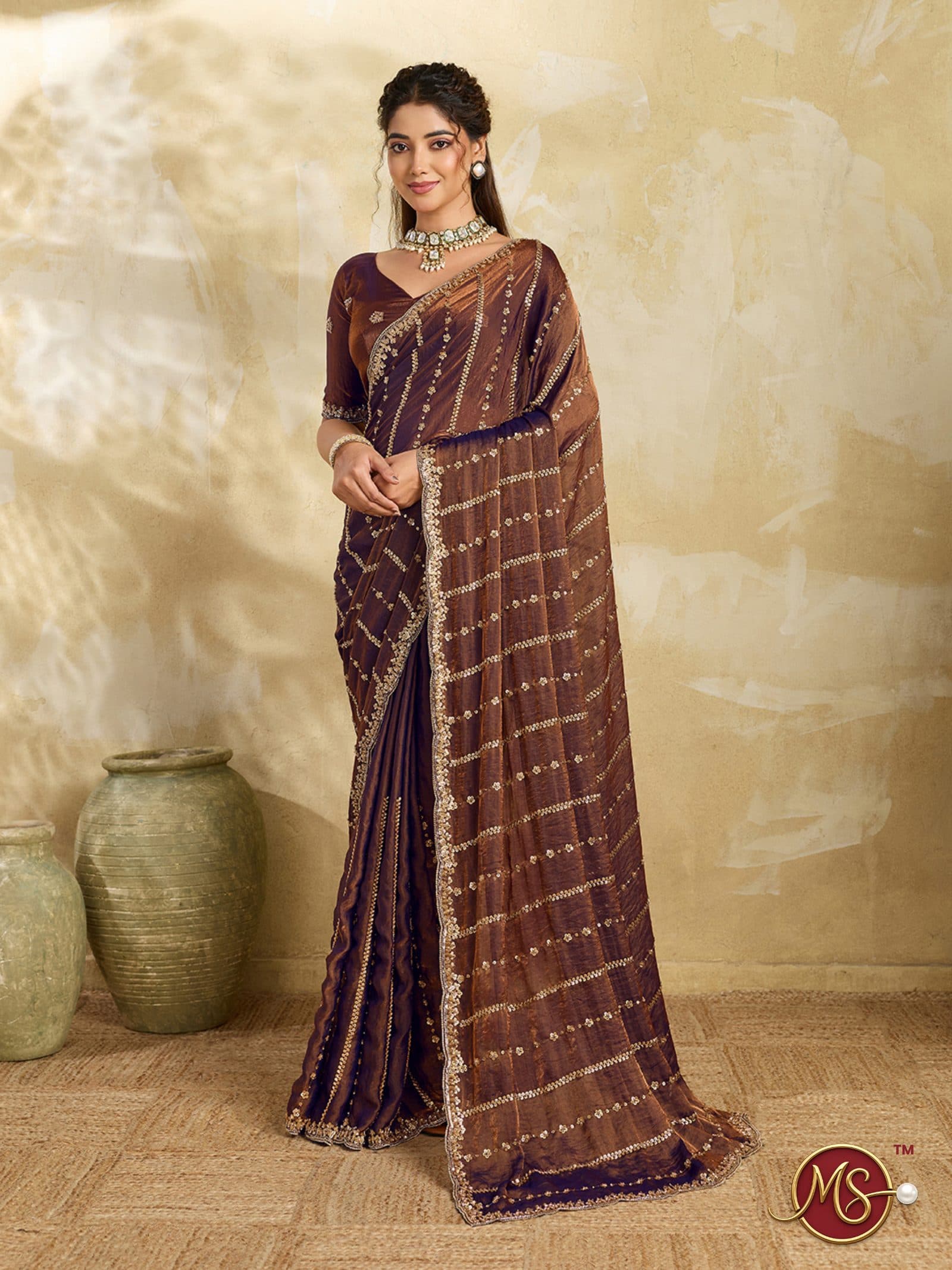 Coffee Sequined Stripe Georgette Saree