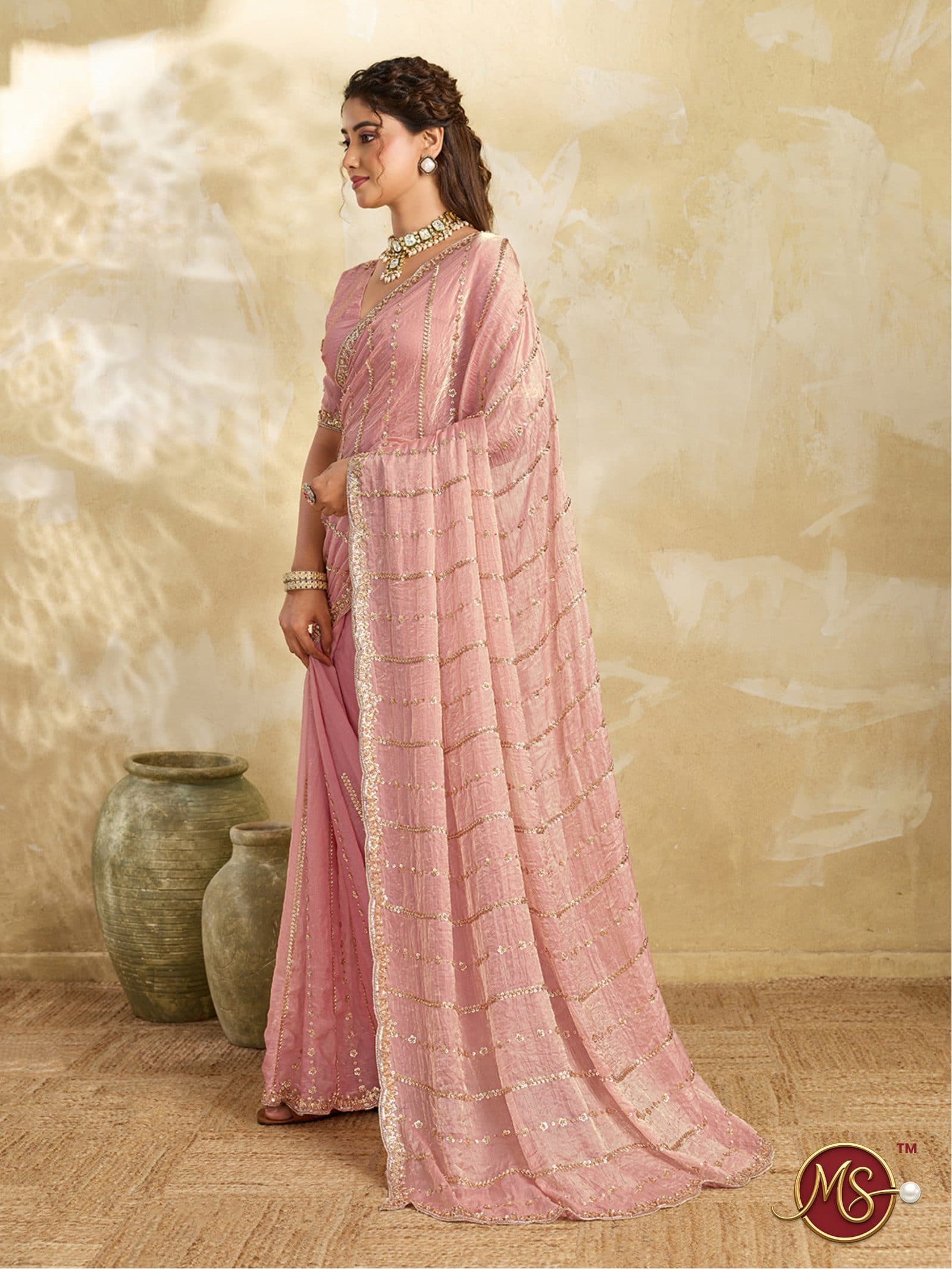 Peach Sequined Stripe Georgette Saree