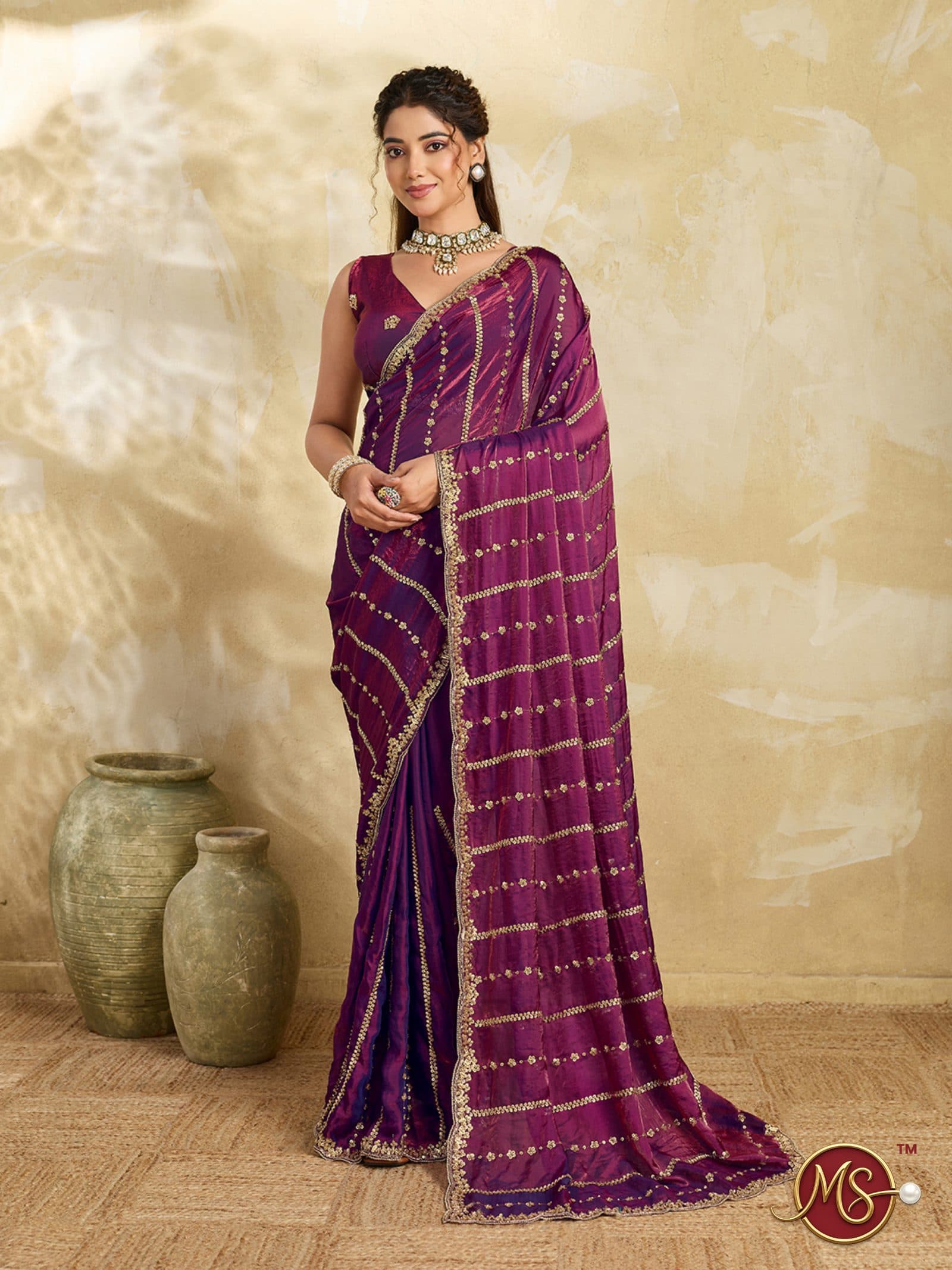 Wine Sequined Stripe Georgette Saree