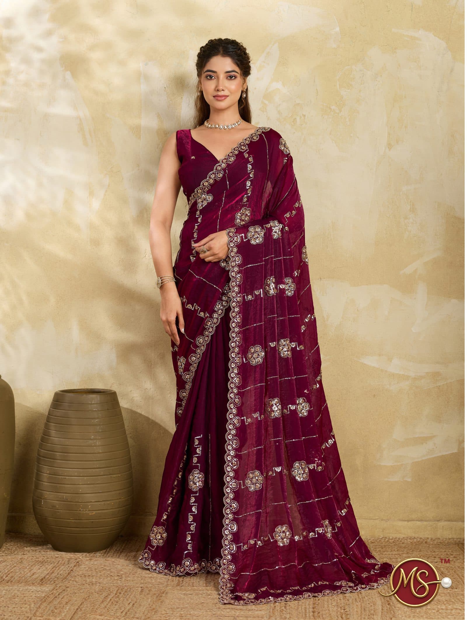 Maroon Scalloped Floral Shimmer Georgette Saree