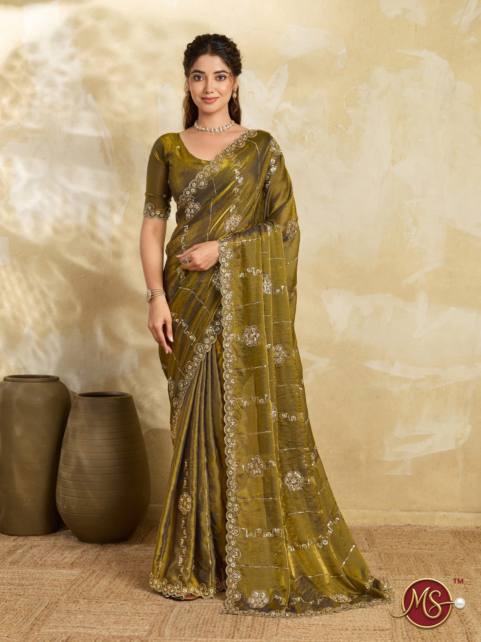 Mehndi Scalloped Floral Shimmer Georgette Saree