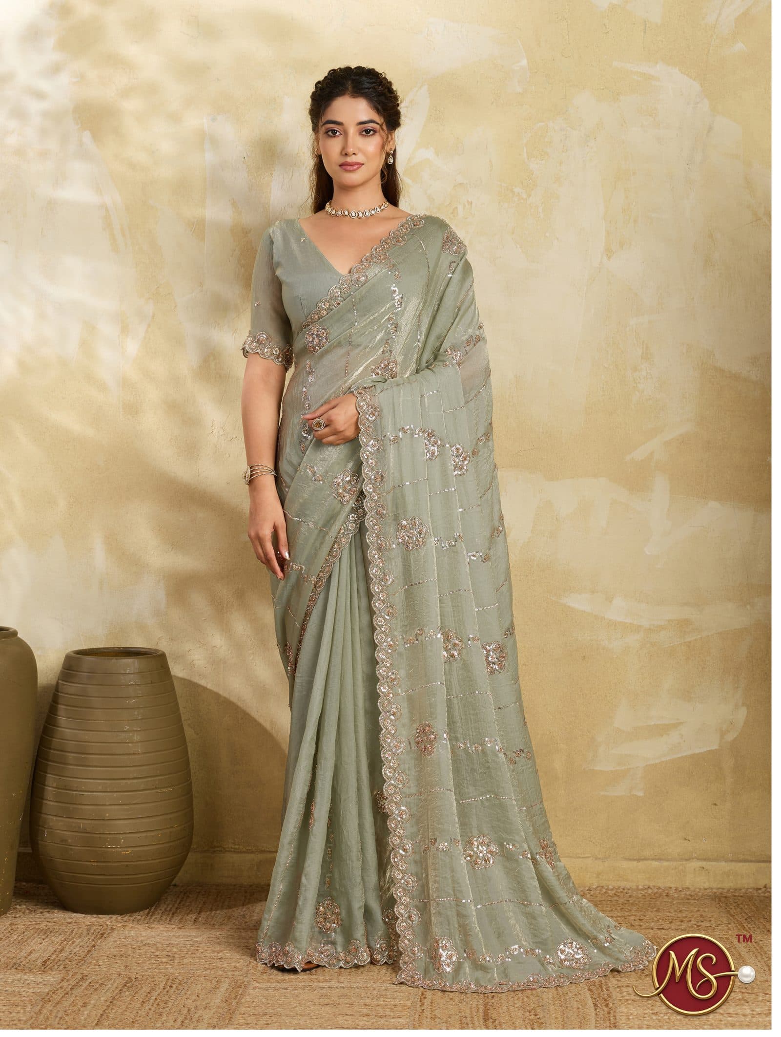 Pista Scalloped Floral Shimmer Georgette Saree
