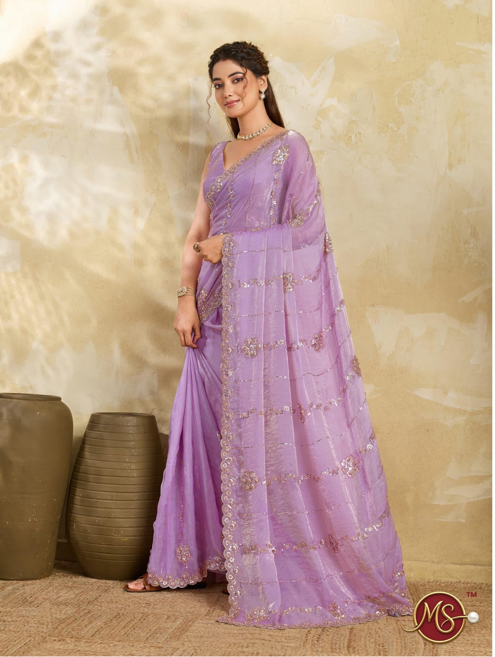 Purple Scalloped Floral Shimmer Georgette Saree