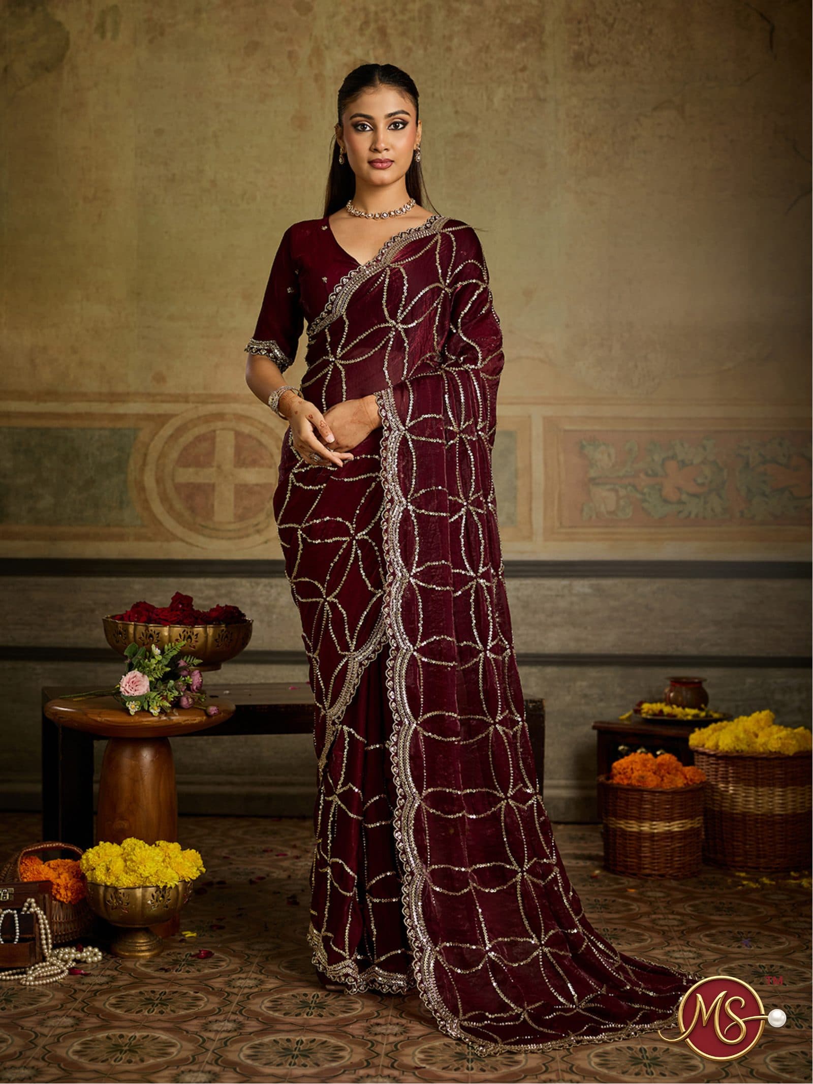 Maroon All-Over Sequin Motif Georgette Saree