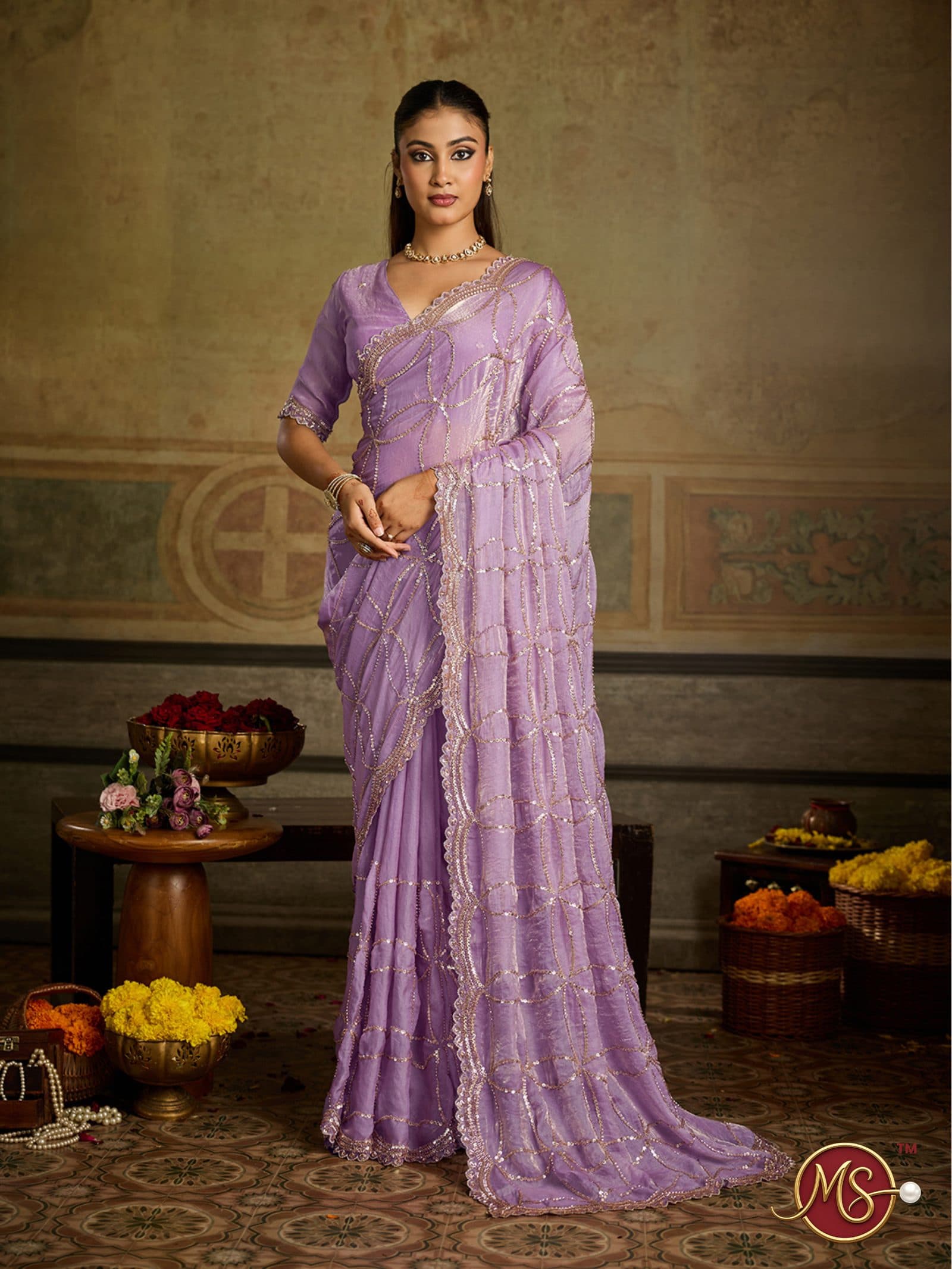 Purple All-Over Sequin Motif Georgette Saree