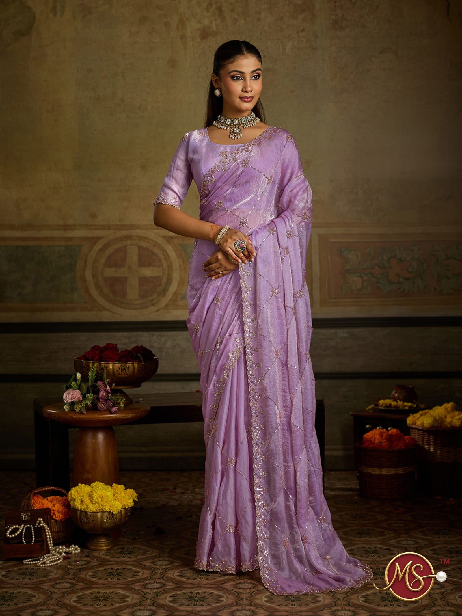 Purple Diamond Grid Organza Saree