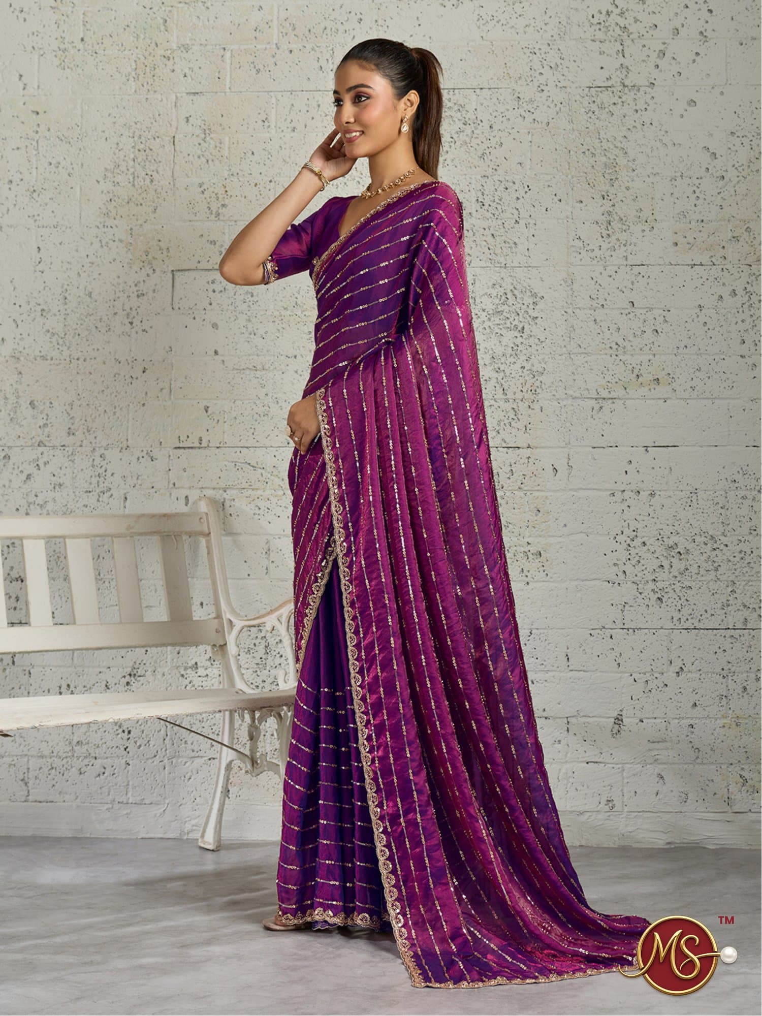 Wine Vertical Sequin Stripe Georgette Saree