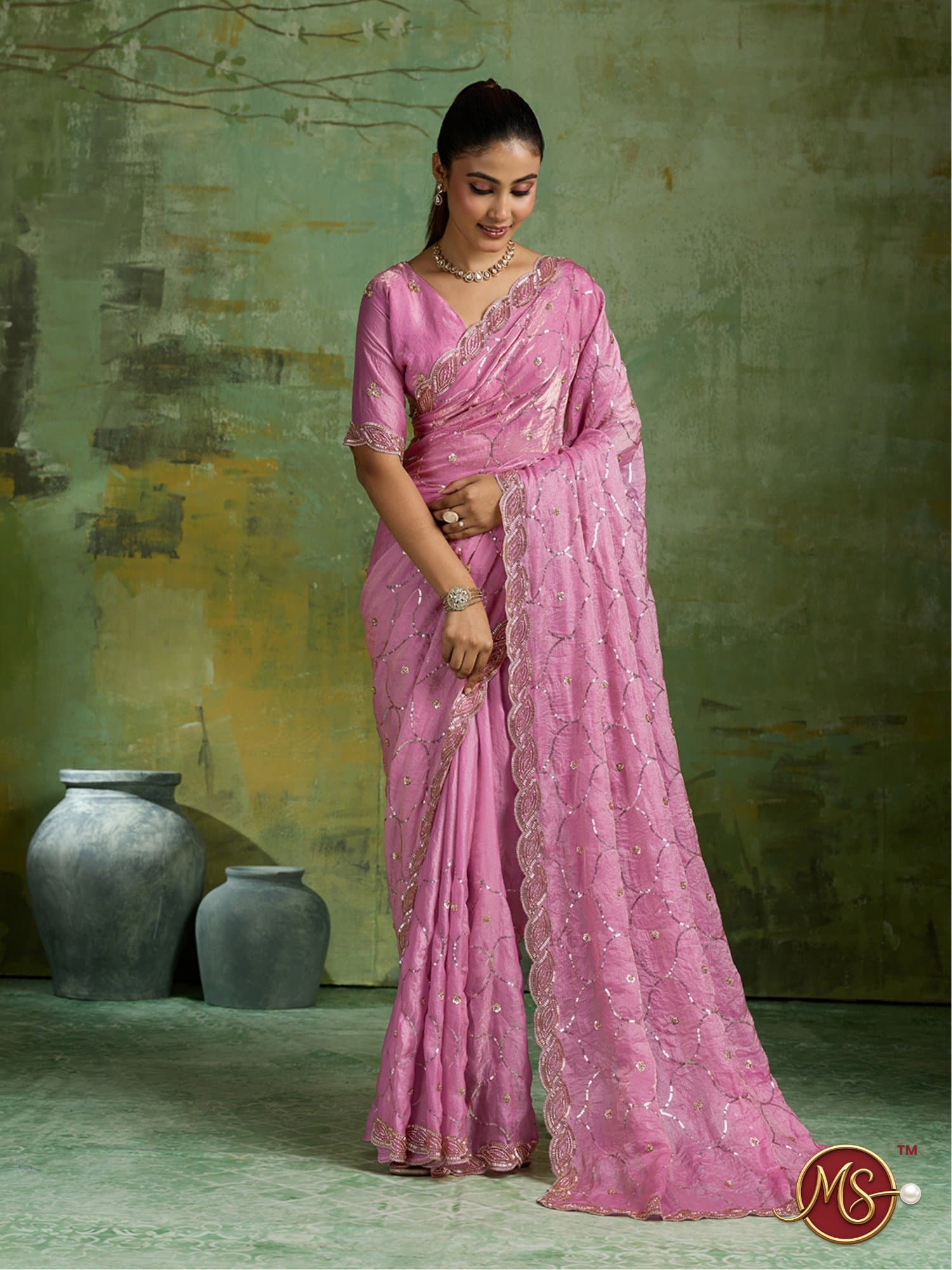 Pink Scalloped Trellis Embroidered Georgette Saree
