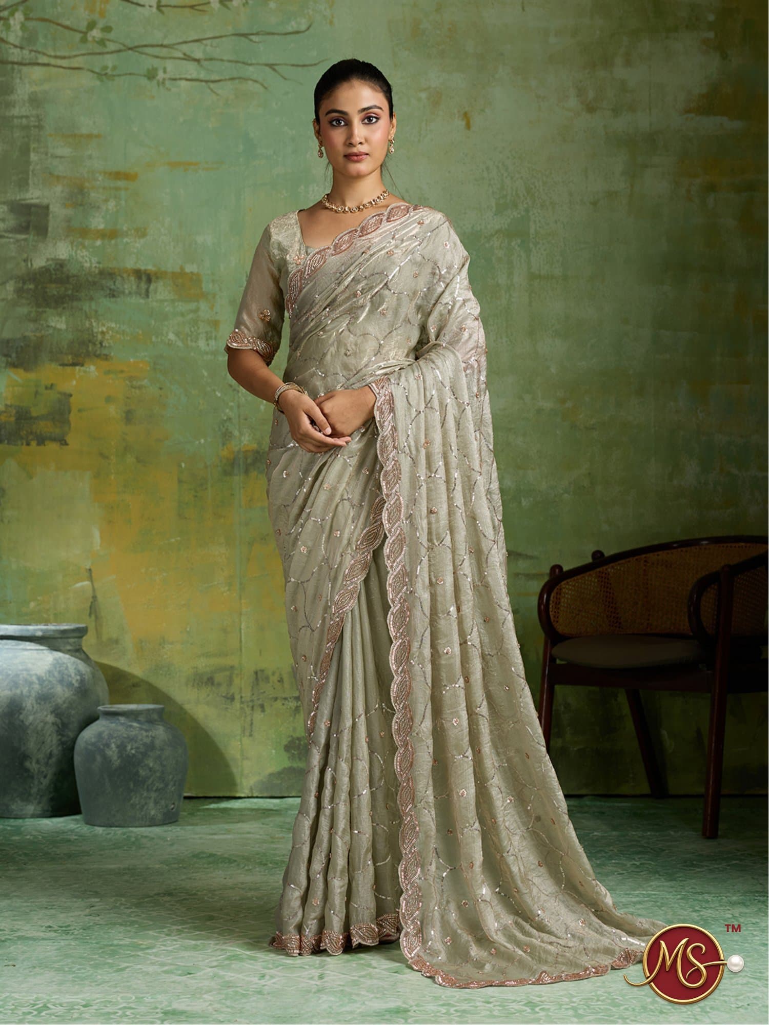 Pista Scalloped Trellis Embroidered Georgette Saree