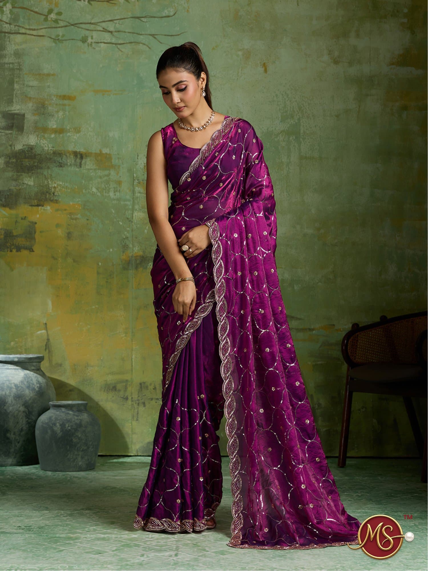 Wine Scalloped Trellis Embroidered Georgette Saree