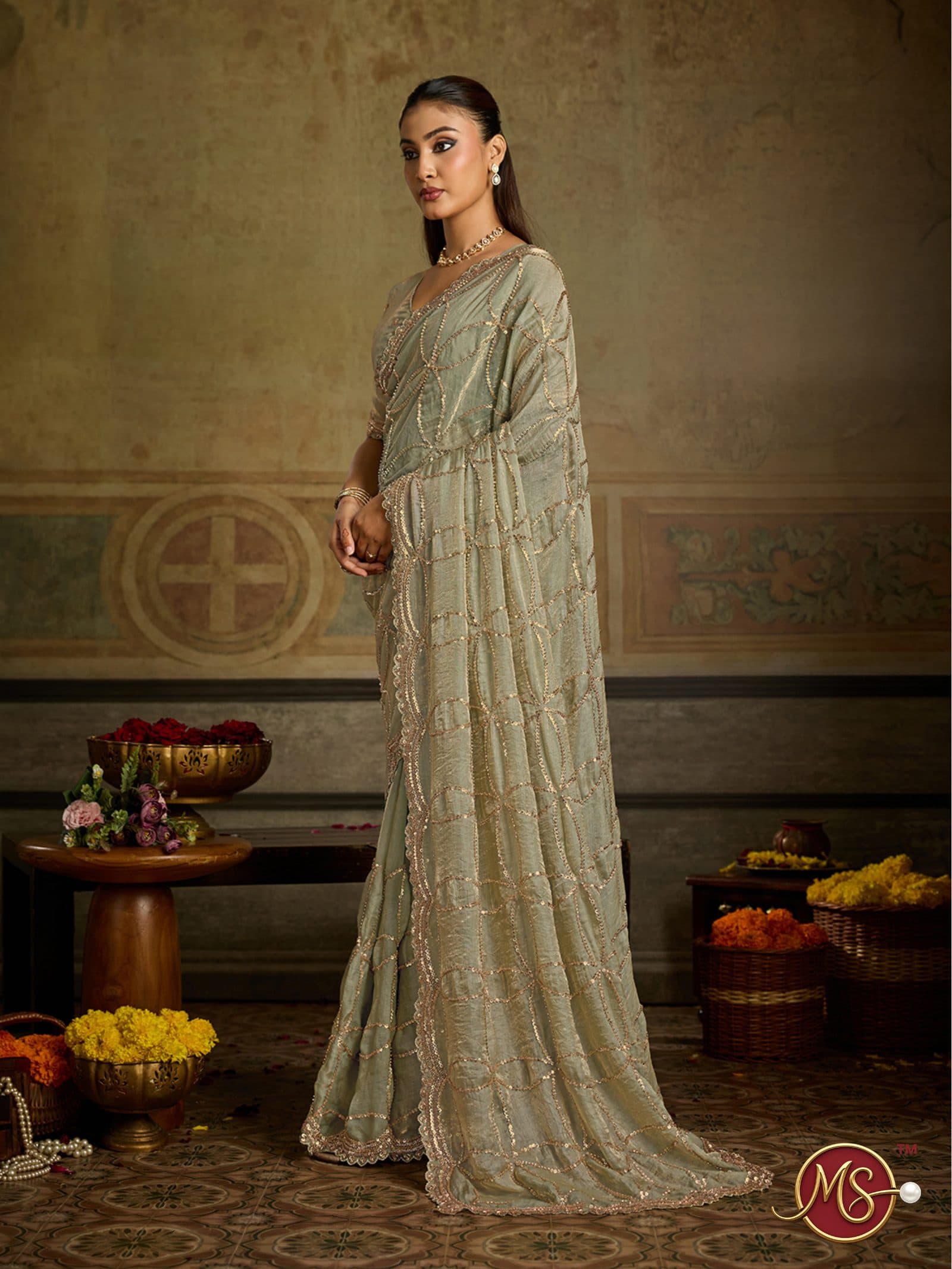 Pista All-Over Sequin Motif Georgette Saree