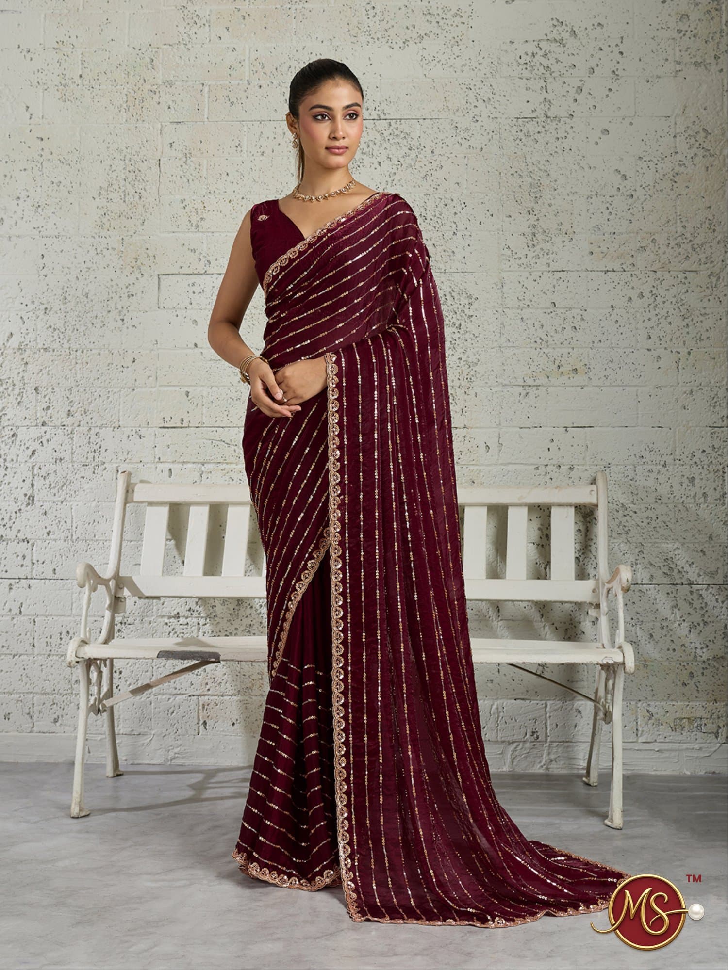 Maroon Vertical Sequin Stripe Georgette Saree