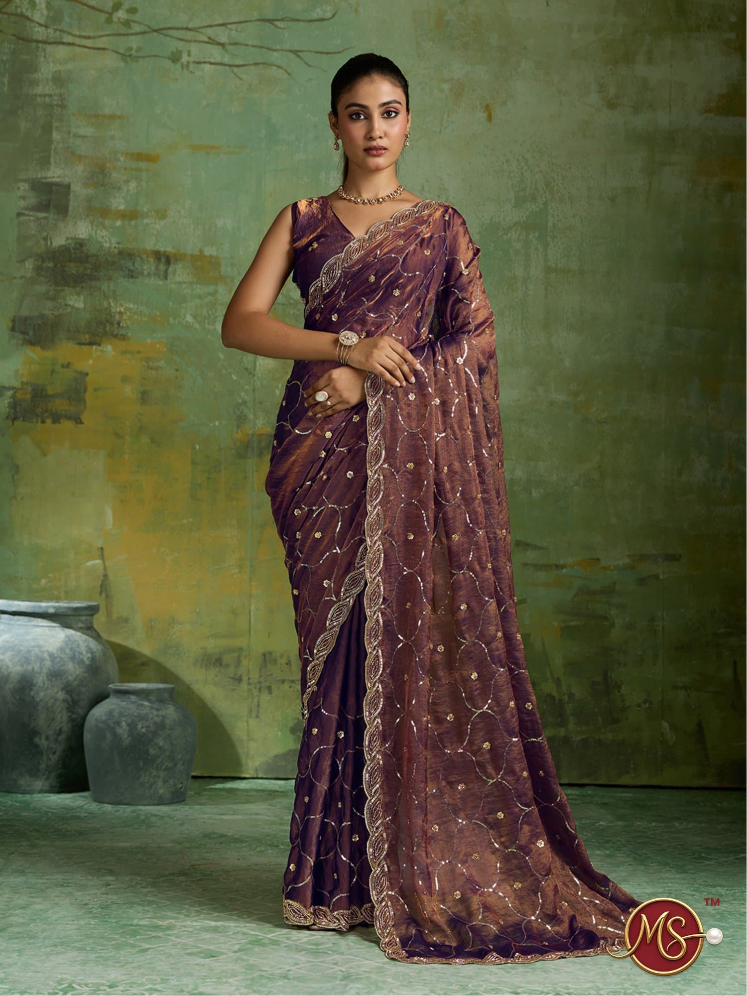 Coffee Scalloped Trellis Embroidered Georgette Saree