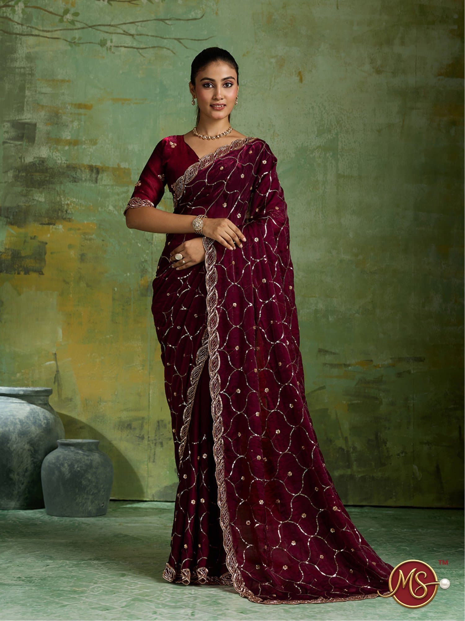Maroon Scalloped Trellis Embroidered Georgette Saree
