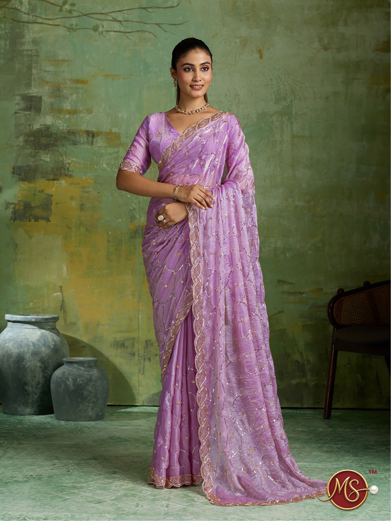 Purple Scalloped Trellis Embroidered Georgette Saree
